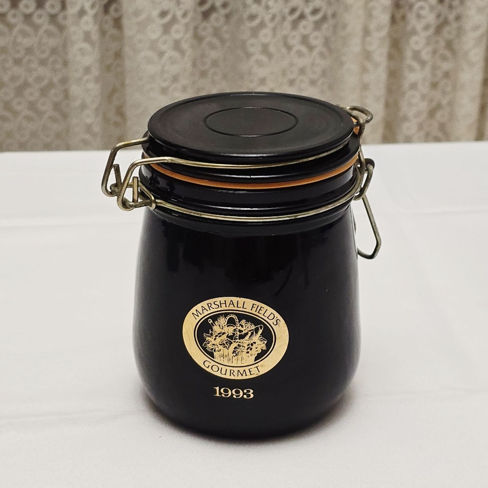 Vintage 1993 Marshall Field's Gourmet Holiday Black Glass Jar Canister State St